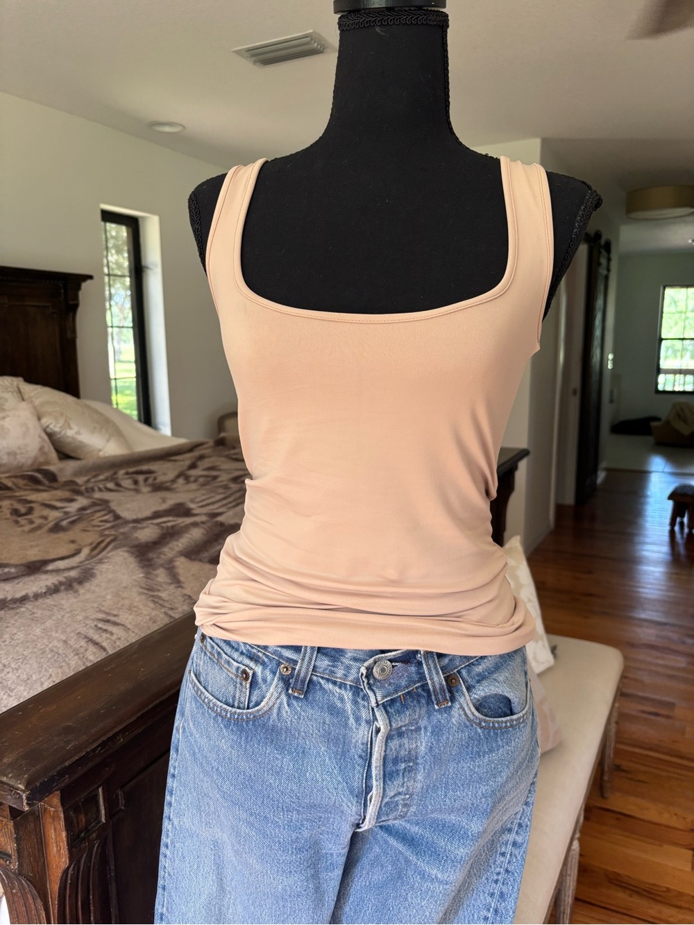 Twenty Square Neck Tank Top - Beige